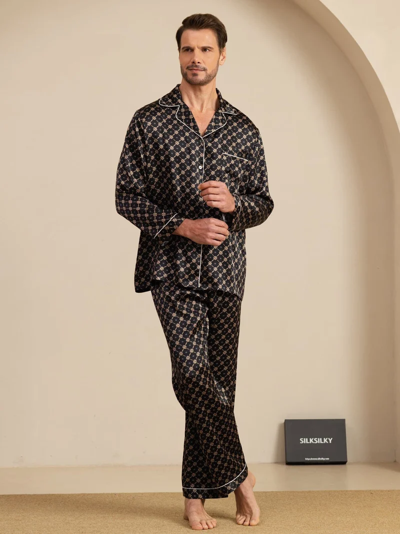 100% Maulbeerseide Herren-Langarm-Pyjama-Set mit marineblauem Kettenmuster und Hose