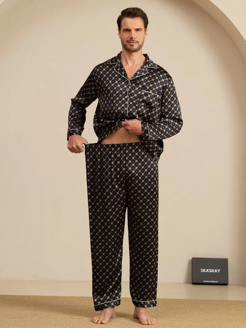 100% Maulbeerseide Herren-Langarm-Pyjama-Set mit marineblauem Kettenmuster und Hose