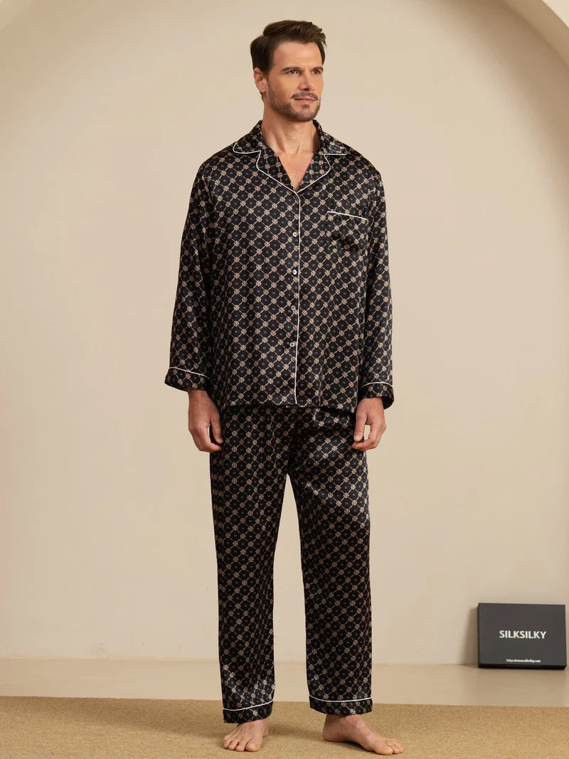 100% Maulbeerseide Herren-Langarm-Pyjama-Set mit marineblauem Kettenmuster und Hose