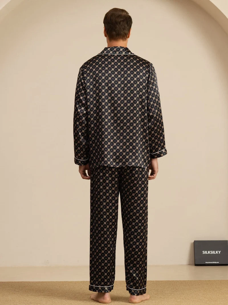 100% Maulbeerseide Herren-Langarm-Pyjama-Set mit marineblauem Kettenmuster und Hose