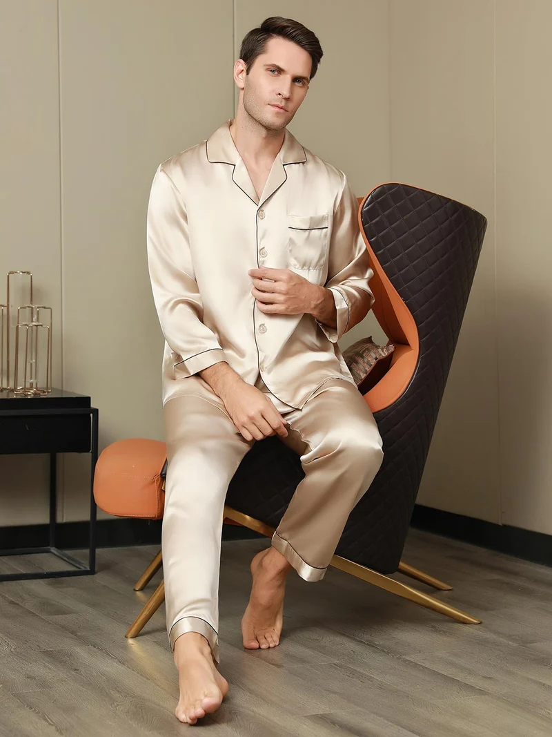 Clearance - Herrenpyjamas Set Aus Reiner Seide Mit Langarm