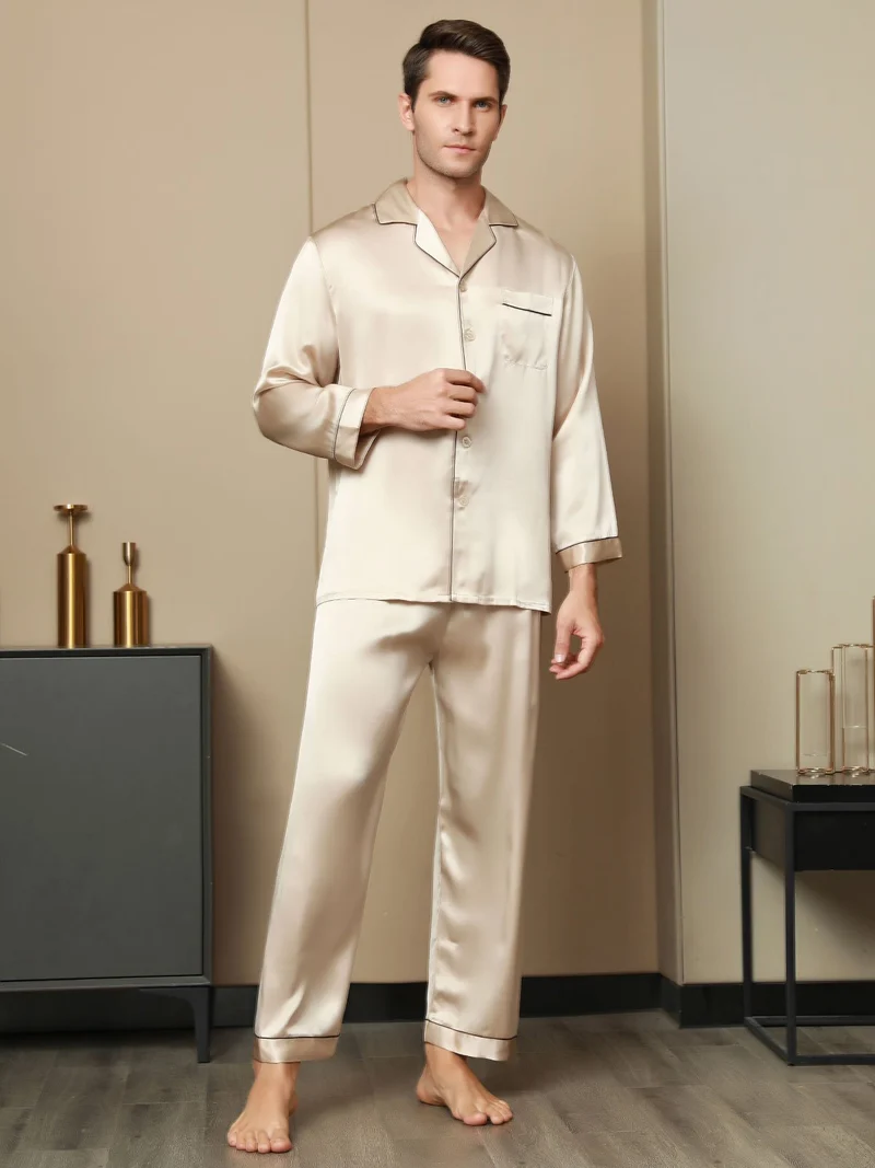 Clearance - Herrenpyjamas Set Aus Reiner Seide Mit Langarm