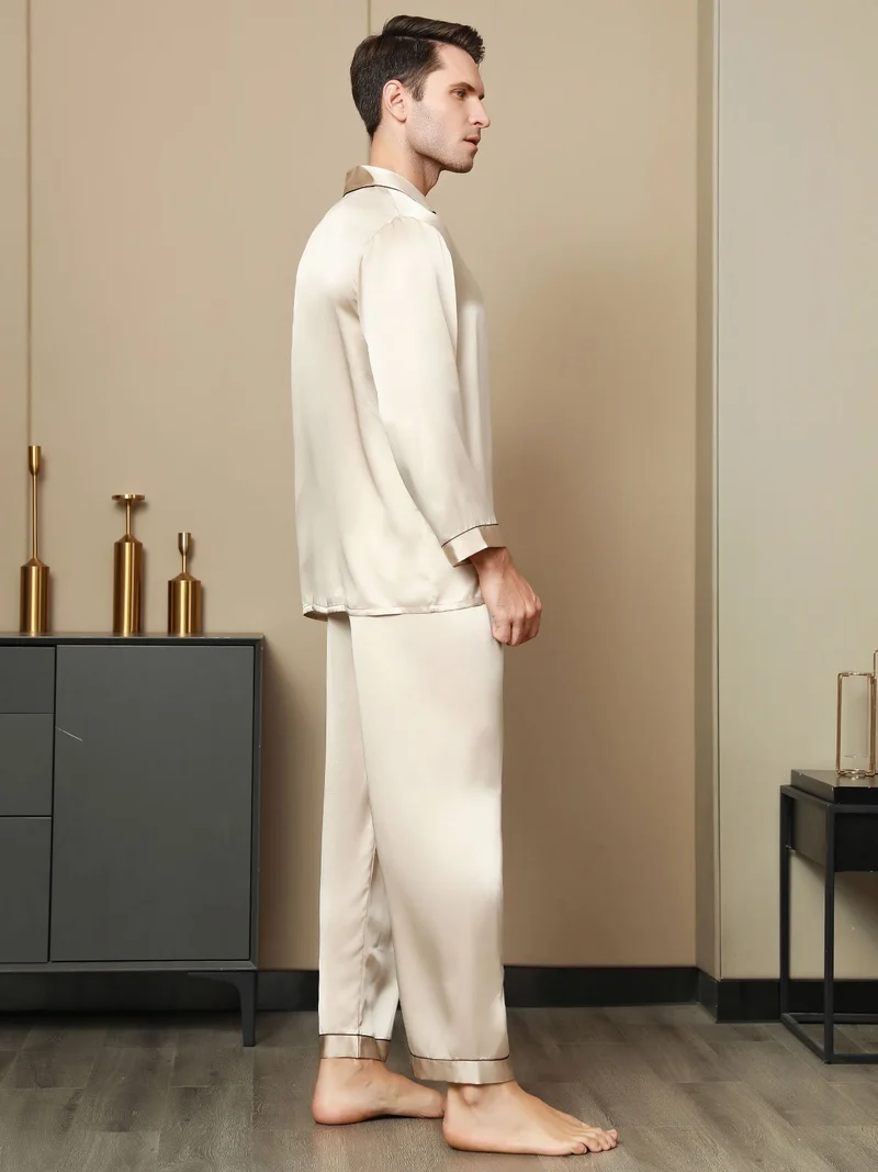 Clearance - Herrenpyjamas Set Aus Reiner Seide Mit Langarm