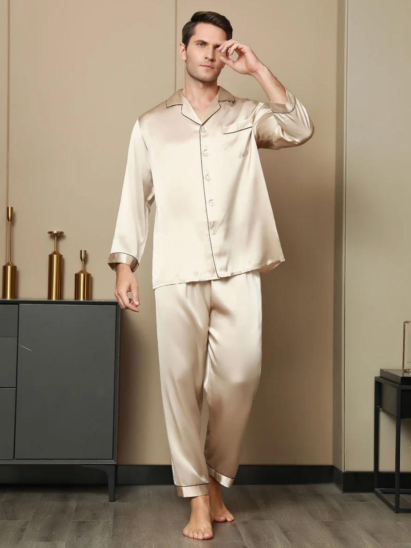 Clearance - Herrenpyjamas Set Aus Reiner Seide Mit Langarm