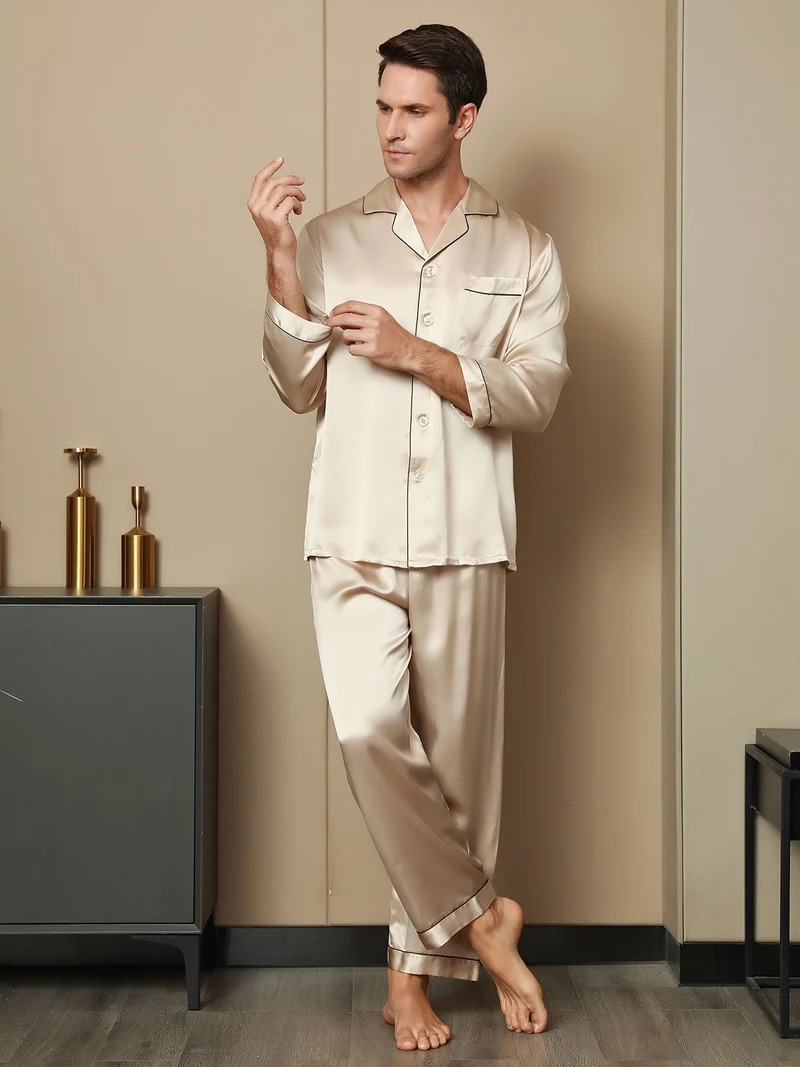 Clearance - Herrenpyjamas Set Aus Reiner Seide Mit Langarm
