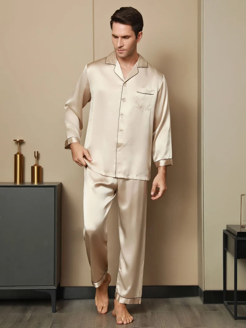 Clearance - Herrenpyjamas Set Aus Reiner Seide Mit Langarm