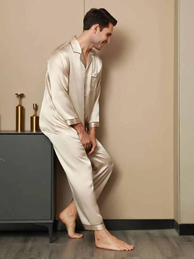 Clearance - Herrenpyjamas Set Aus Reiner Seide Mit Langarm