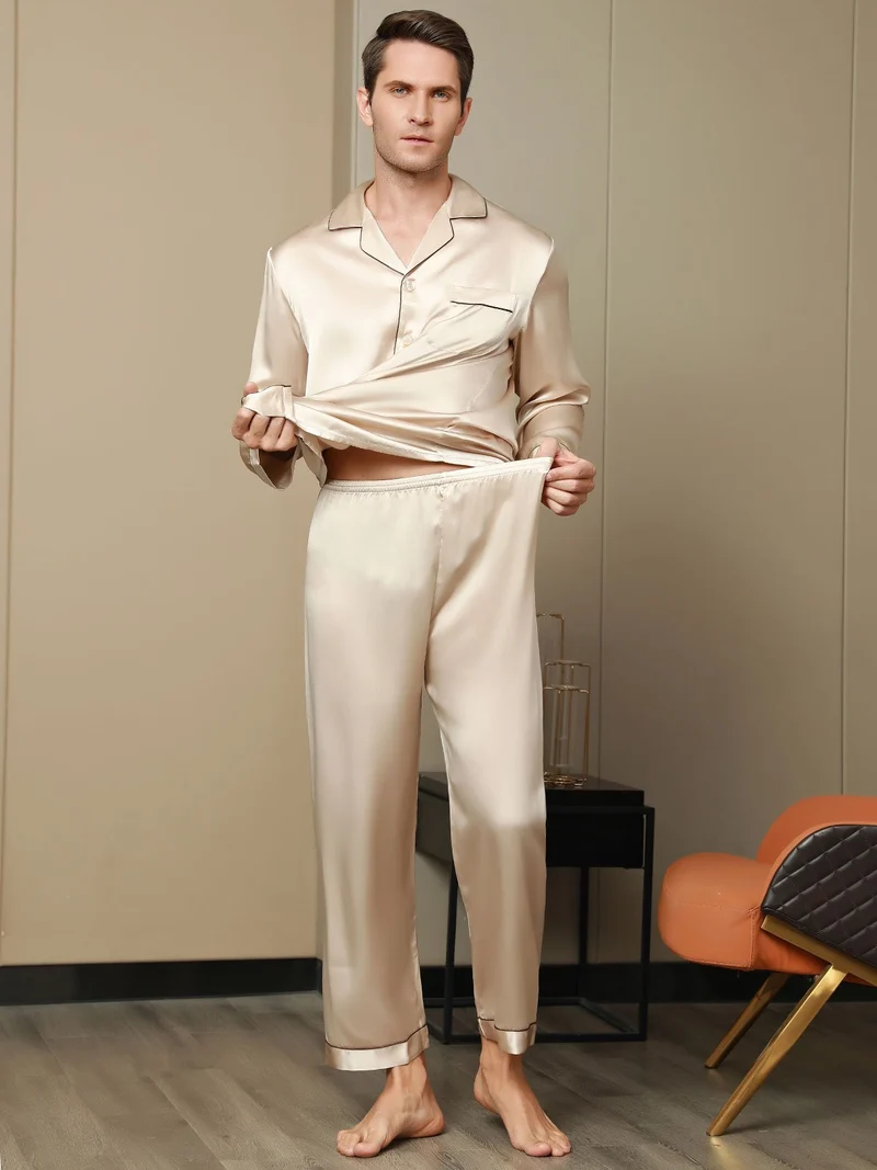 Clearance - Herrenpyjamas Set Aus Reiner Seide Mit Langarm