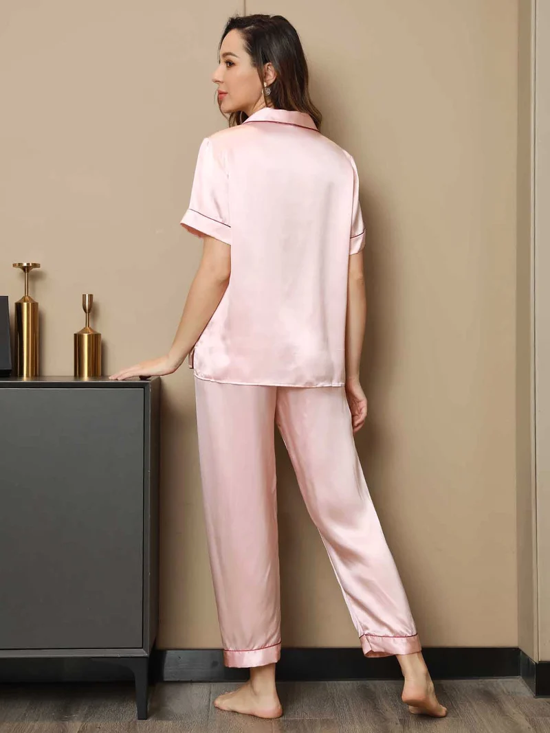 Clearance - Piping Trim Pyjama-Set aus reiner Seide 2-teilig