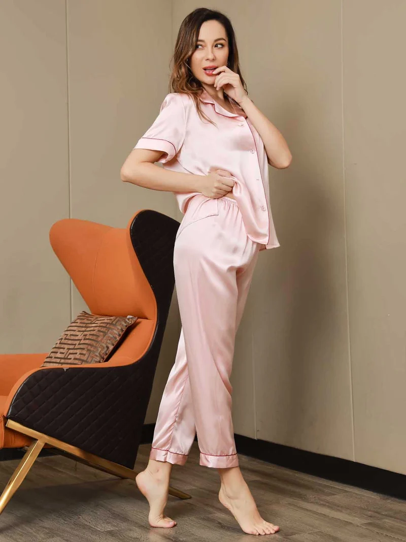 Clearance - Piping Trim Pyjama-Set aus reiner Seide 2-teilig