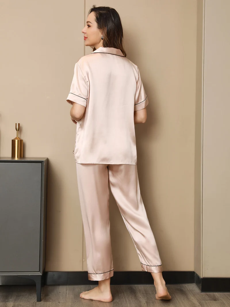 Clearance - Piping Trim Pyjama-Set aus reiner Seide 2-teilig
