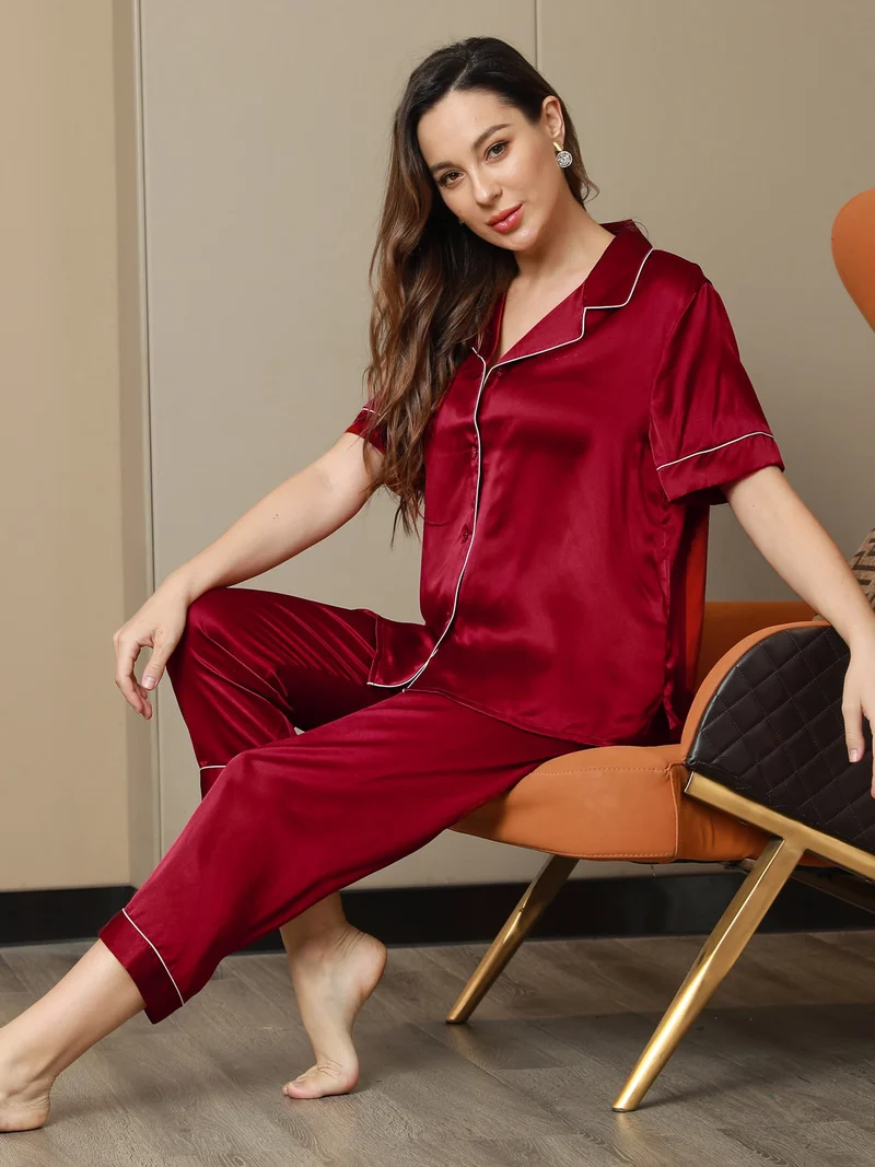 Clearance - Piping Trim Pyjama-Set aus reiner Seide 2-teilig