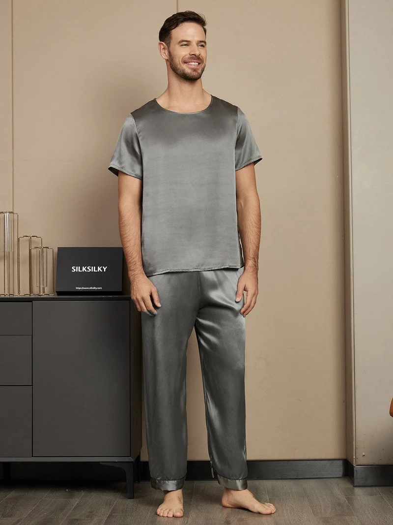 Clearance - Herrenpyjamas Set Aus Reiner Seide Mit Kurzarm Rundhals Und Hose