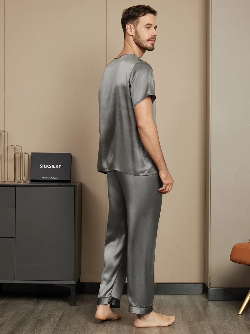 Clearance - Herrenpyjamas Set Aus Reiner Seide Mit Kurzarm Rundhals Und Hose