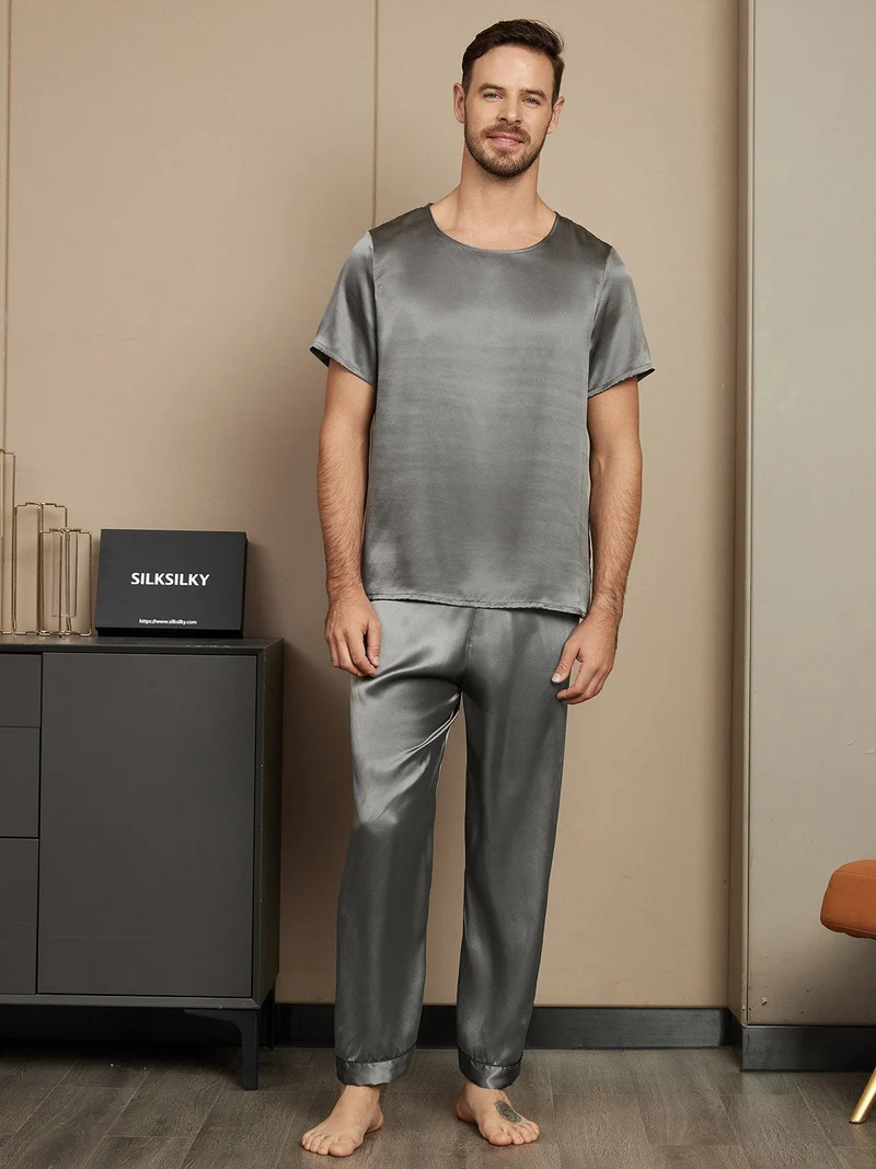 Clearance - Herrenpyjamas Set Aus Reiner Seide Mit Kurzarm Rundhals Und Hose
