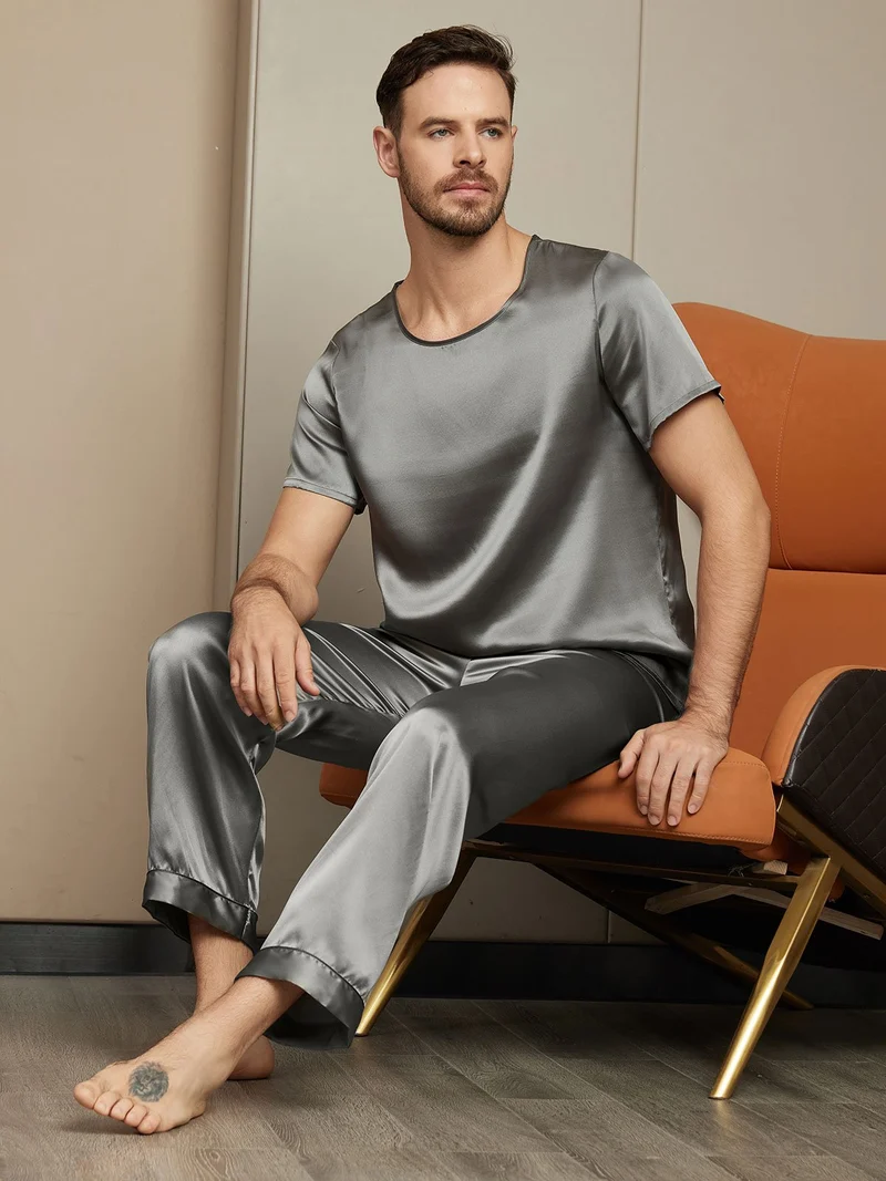 Clearance - Herrenpyjamas Set Aus Reiner Seide Mit Kurzarm Rundhals Und Hose