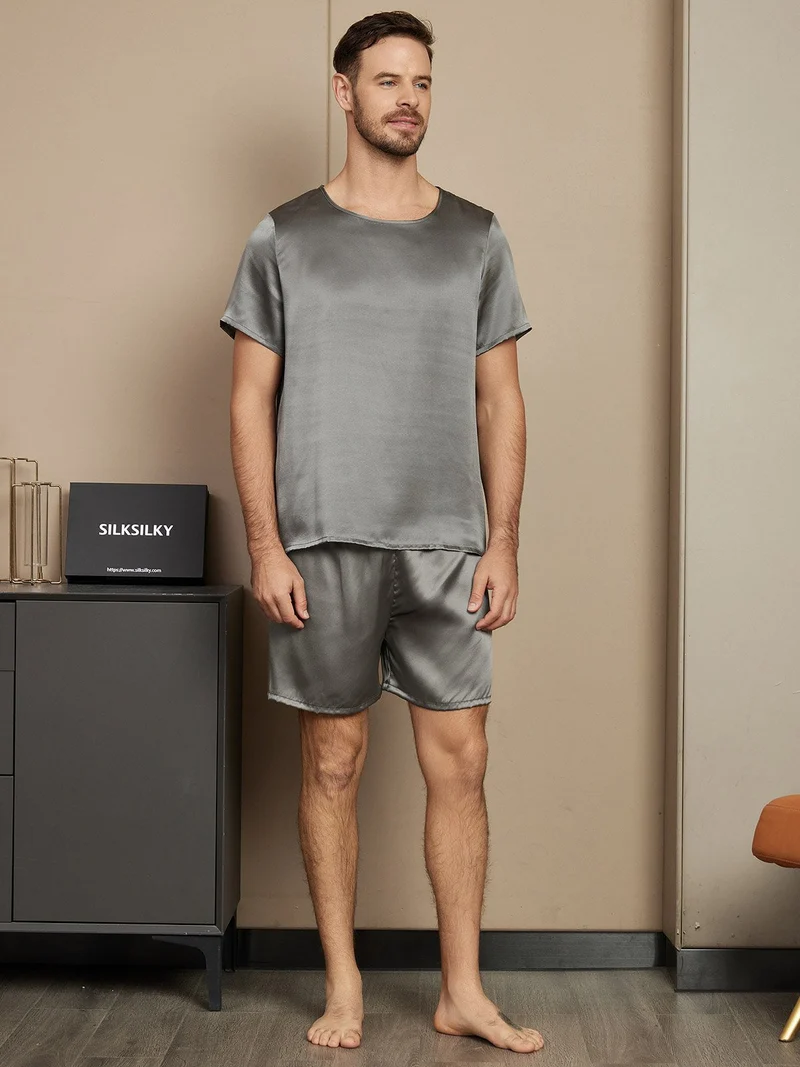 Clearance - Herrenpyjamas Set Aus Reiner Seide Mit Kurzarm Rundhals Und Shorts