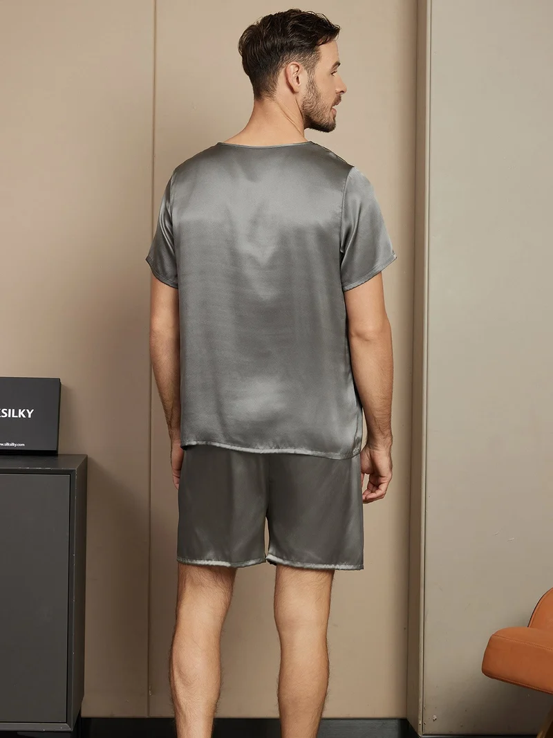 Clearance - Herrenpyjamas Set Aus Reiner Seide Mit Kurzarm Rundhals Und Shorts