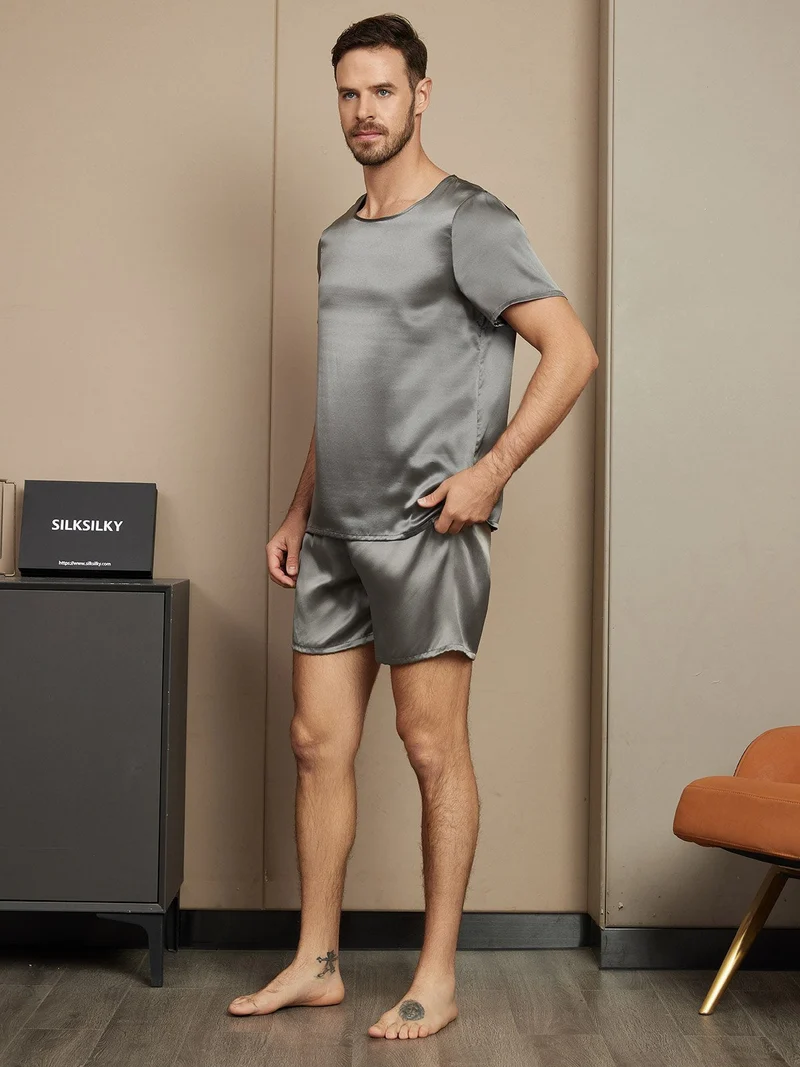 Clearance - Herrenpyjamas Set Aus Reiner Seide Mit Kurzarm Rundhals Und Shorts