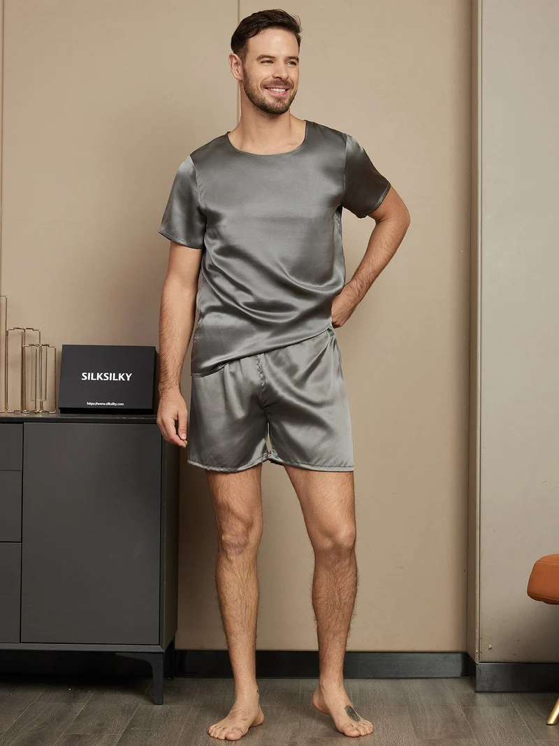 Clearance - Herrenpyjamas Set Aus Reiner Seide Mit Kurzarm Rundhals Und Shorts