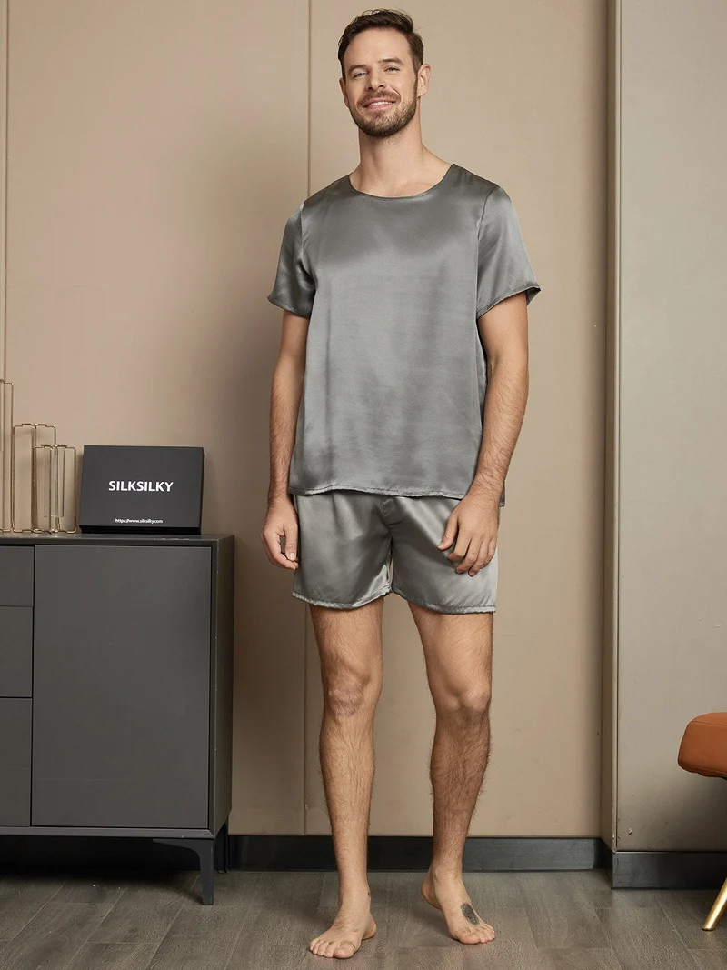 Clearance - Herrenpyjamas Set Aus Reiner Seide Mit Kurzarm Rundhals Und Shorts