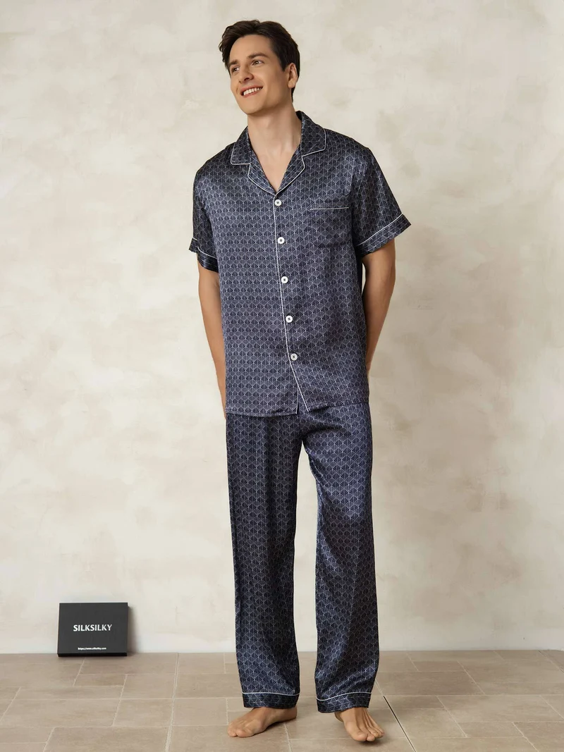 Clearance - Herrenpyjamas Set Aus Reiner Seide Mit Kurzarm Marineblauem Ginkgo Druck Und Hose