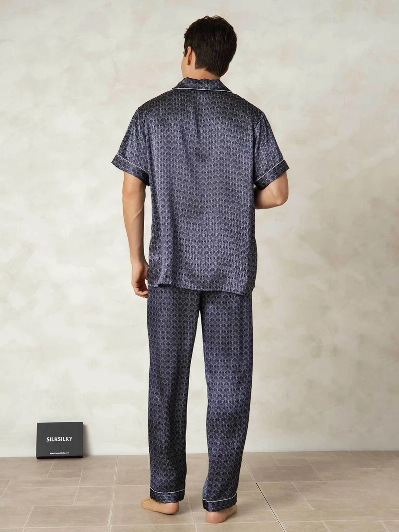 Clearance - Herrenpyjamas Set Aus Reiner Seide Mit Kurzarm Marineblauem Ginkgo Druck Und Hose