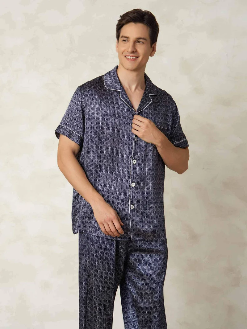 Clearance - Herrenpyjamas Set Aus Reiner Seide Mit Kurzarm Marineblauem Ginkgo Druck Und Hose