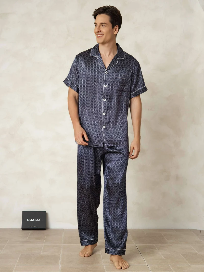 Clearance - Herrenpyjamas Set Aus Reiner Seide Mit Kurzarm Marineblauem Ginkgo Druck Und Hose