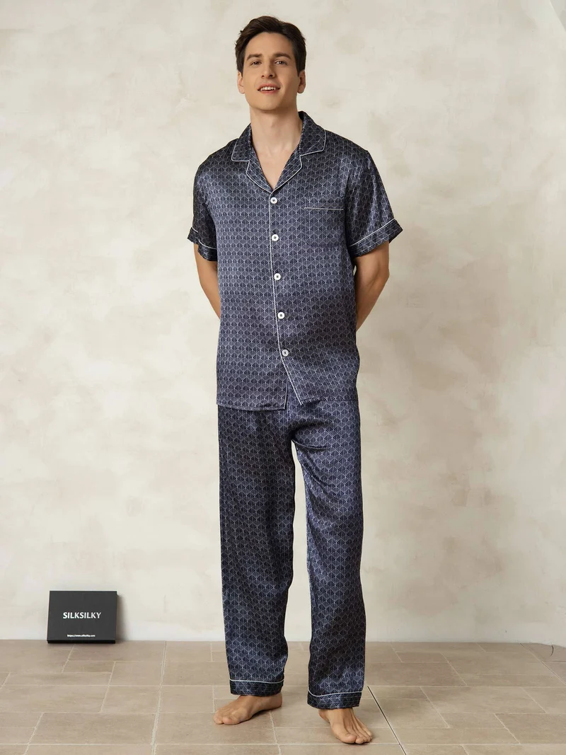 Clearance - Herrenpyjamas Set Aus Reiner Seide Mit Kurzarm Marineblauem Ginkgo Druck Und Hose