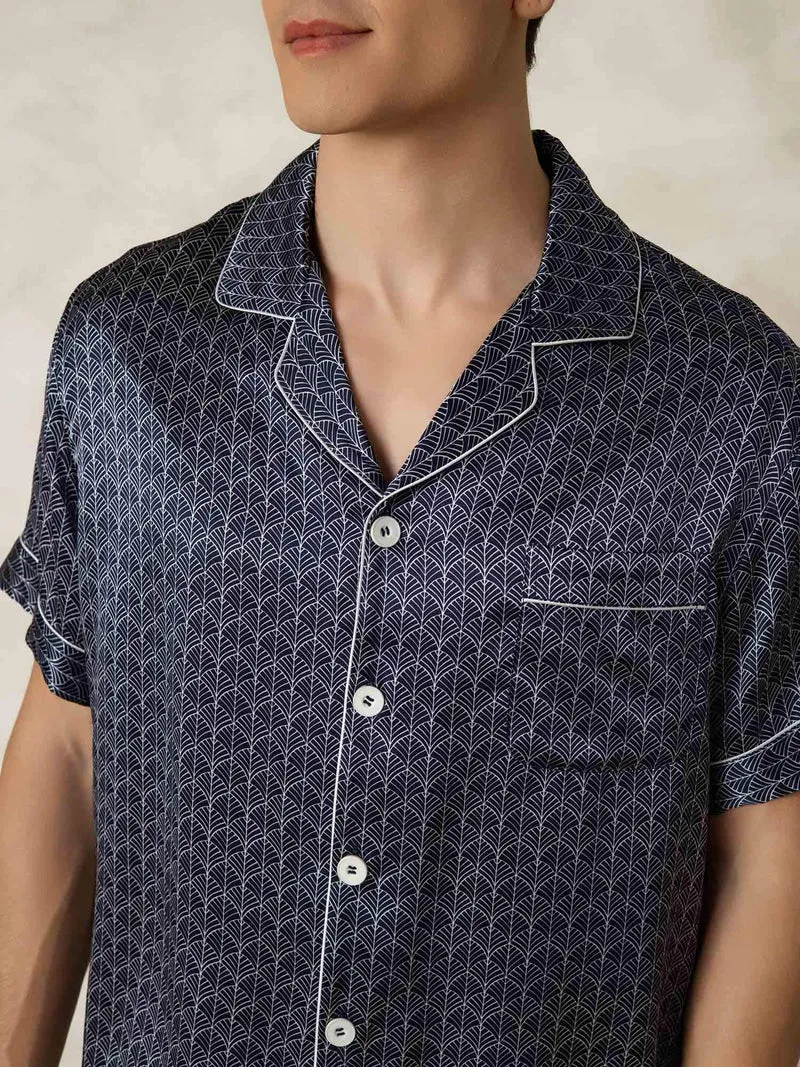 Clearance - Herrenpyjamas Set Aus Reiner Seide Mit Kurzarm Marineblauem Ginkgo Druck Und Hose