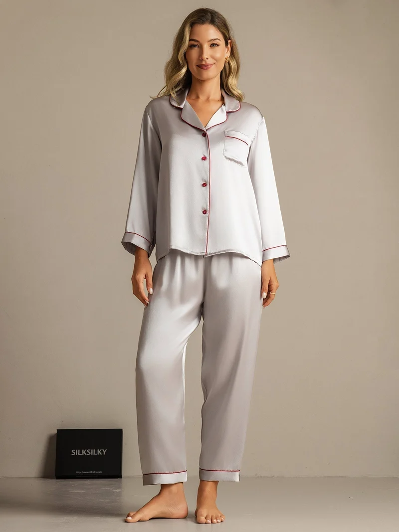 Clearance - Pyjama-Set aus Reiner Seide mit Bindenbesatz 2-teilig