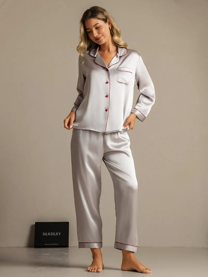 Clearance - Pyjama-Set aus Reiner Seide mit Bindenbesatz 2-teilig