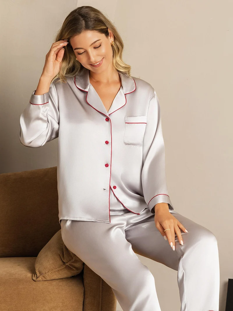 Clearance - Pyjama-Set aus Reiner Seide mit Bindenbesatz 2-teilig