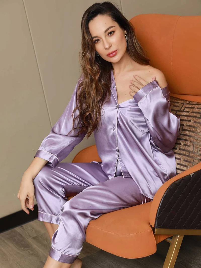Clearance - Pyjama-Set aus Reiner Seide mit Bindenbesatz 2-teilig