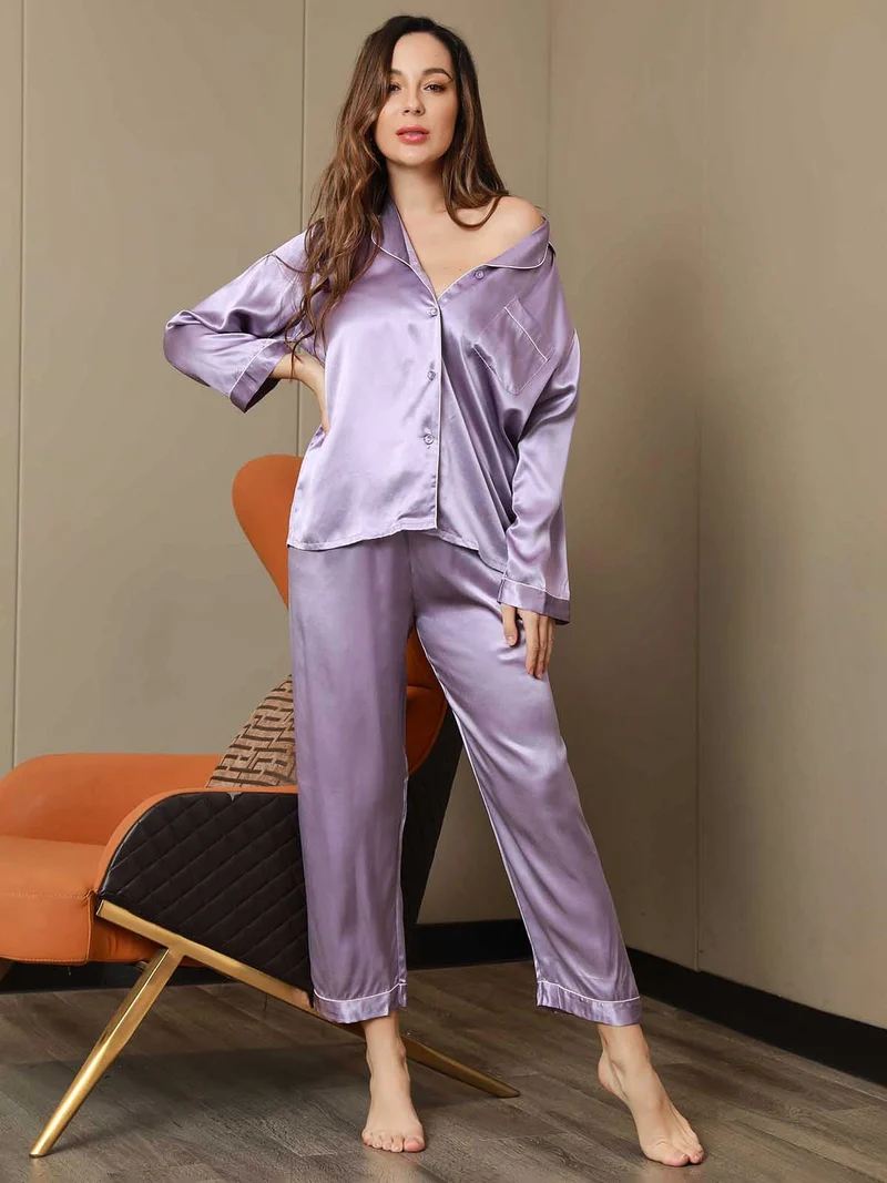 Clearance - Pyjama-Set aus Reiner Seide mit Bindenbesatz 2-teilig