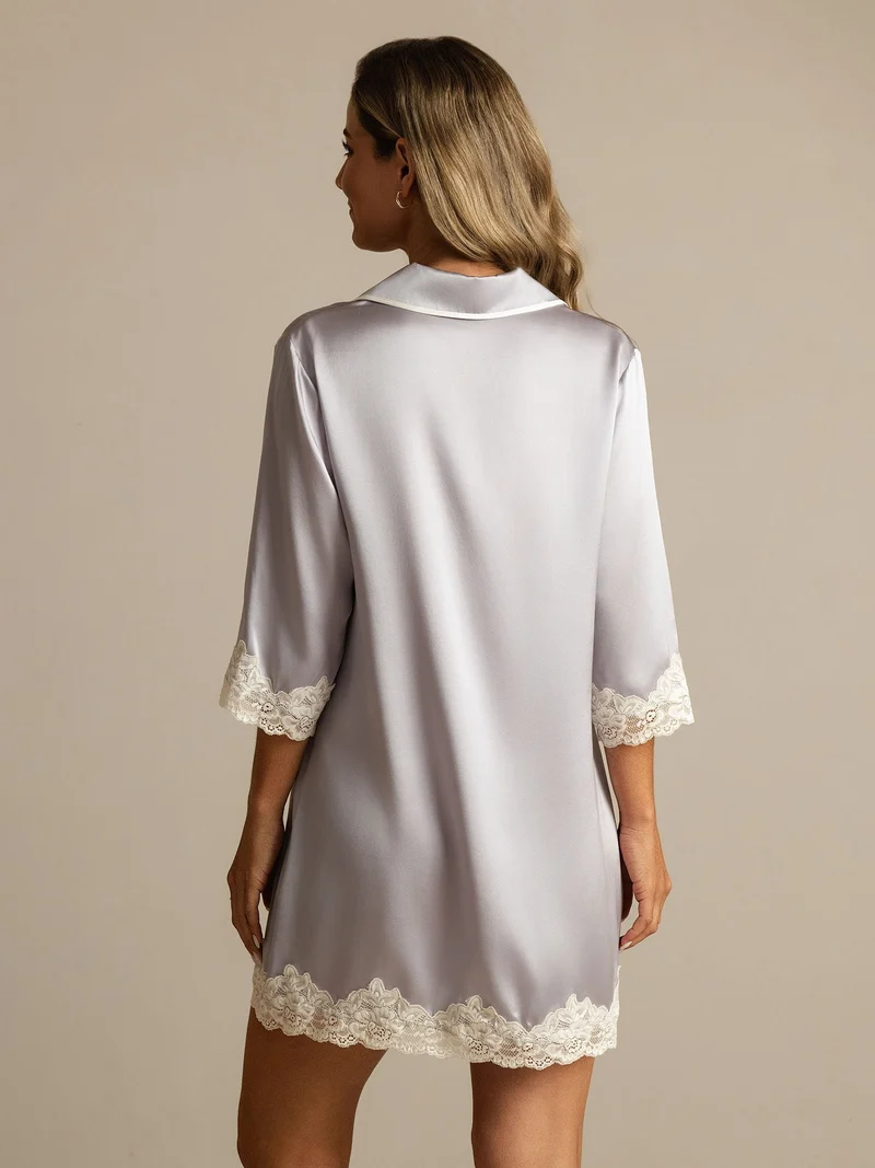 100% Maulbeerseide Nachtshirt mit Knopfleiste und Spitze