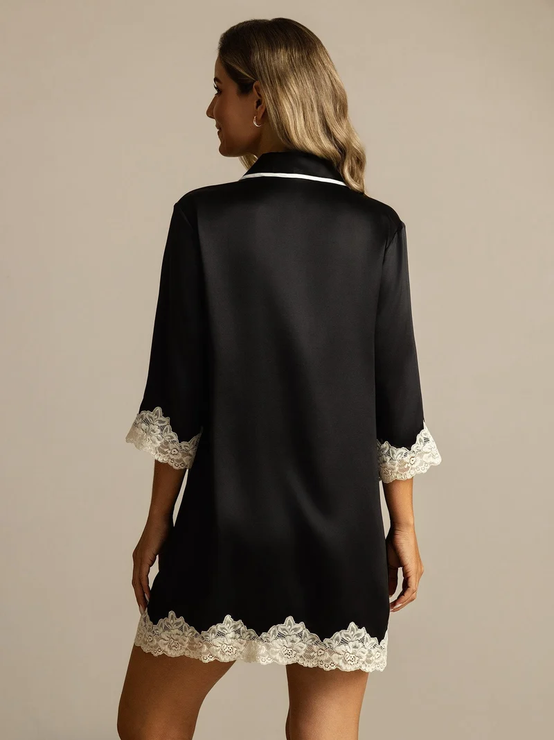 100% Maulbeerseide Nachtshirt mit Knopfleiste und Spitze