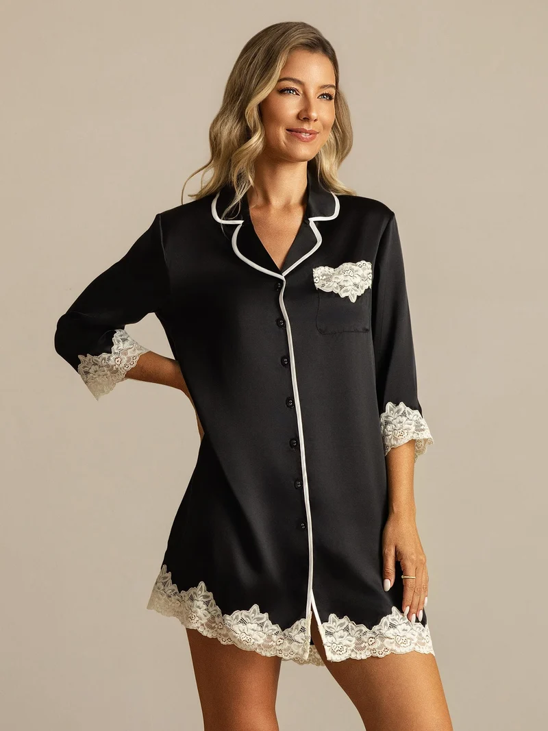 100% Maulbeerseide Nachtshirt mit Knopfleiste und Spitze
