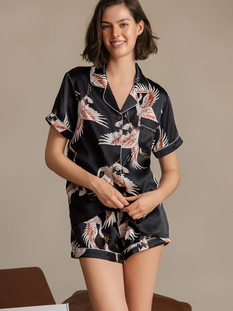 Clearance - 19 Momme Reine Seide Damen-Kurzarm-Pyjama-Set mit Kranichmuster und Reverskragen