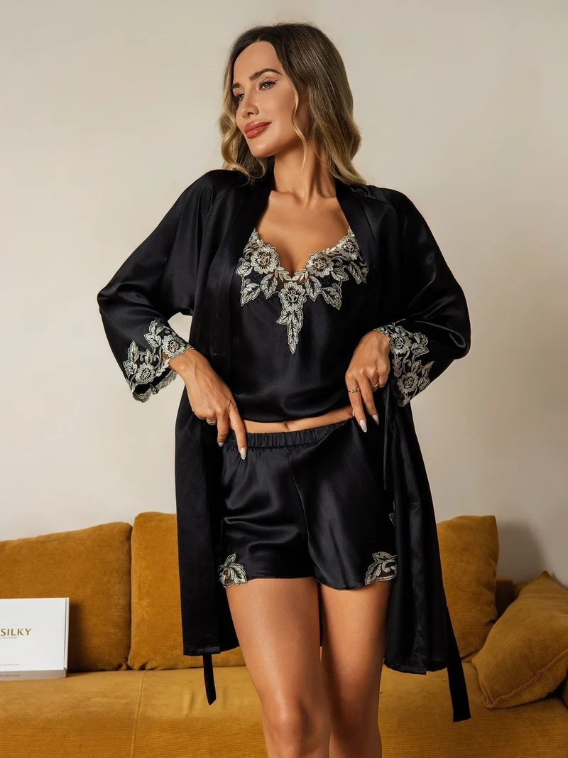 100% Maulbeerseide elegantes 3-teiliges Set aus Morgenmantel und Camisole-Set mit Spitzenbesatz