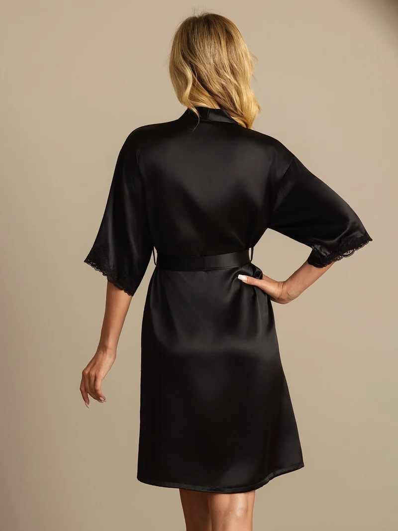 Reine Seide Basic-Damen-Morgenmantel mit Spitze