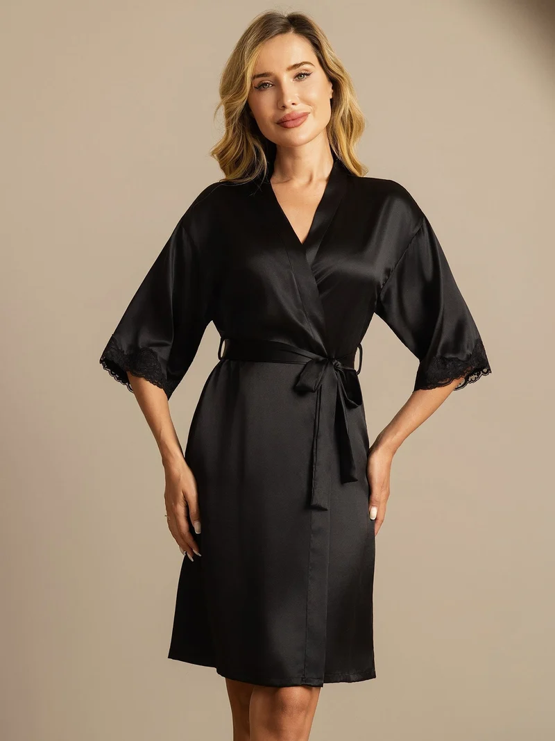 Reine Seide Basic-Damen-Morgenmantel mit Spitze