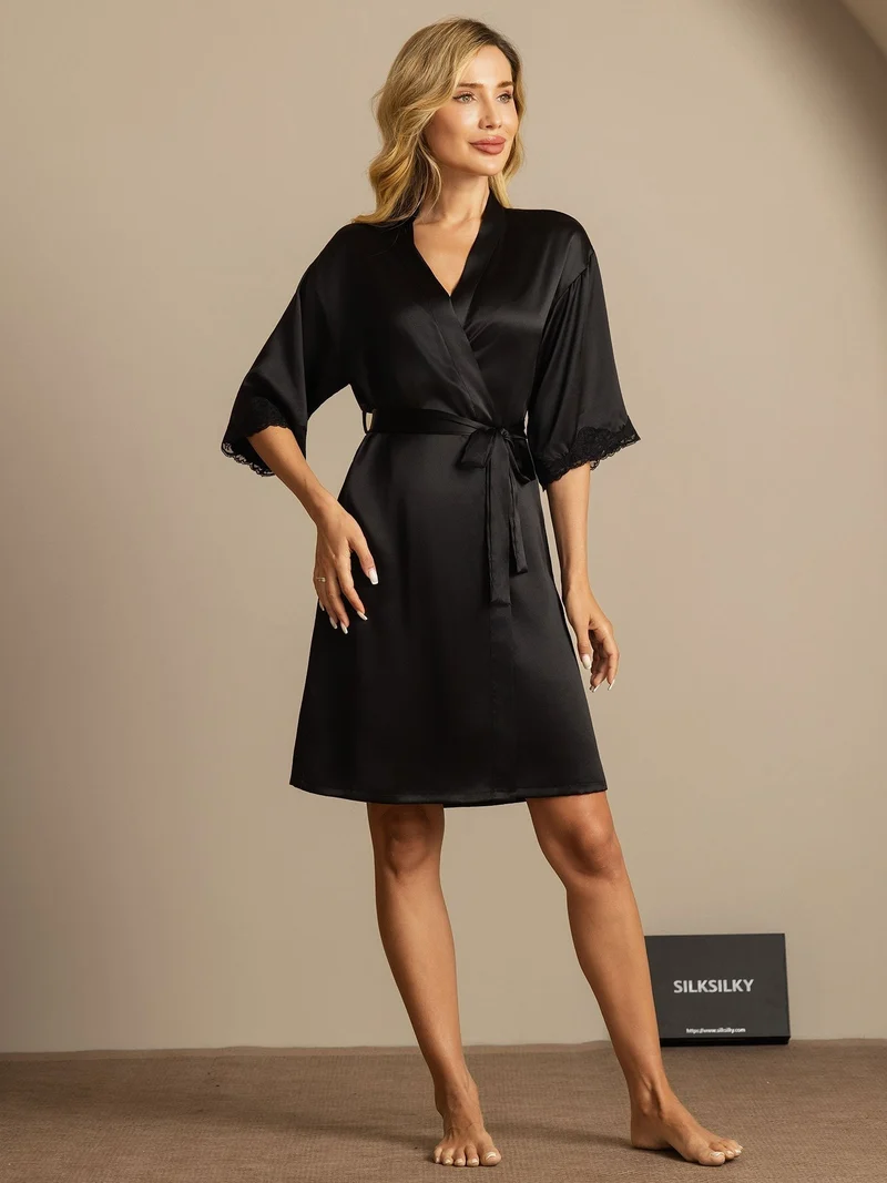 Reine Seide Basic-Damen-Morgenmantel mit Spitze