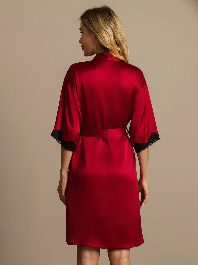 Reine Seide Basic-Damen-Morgenmantel mit Spitze