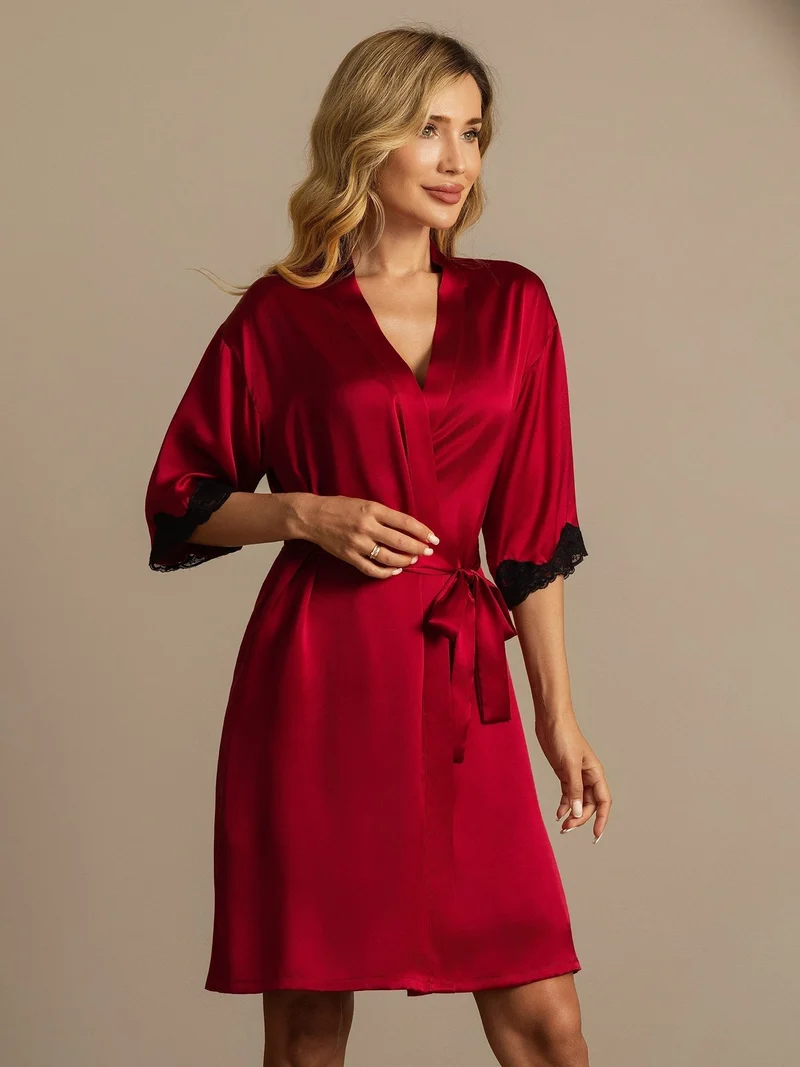Reine Seide Basic-Damen-Morgenmantel mit Spitze