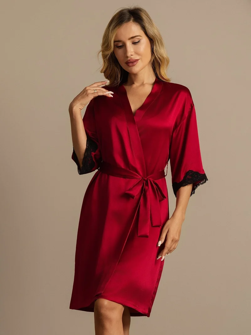 Reine Seide Basic-Damen-Morgenmantel mit Spitze