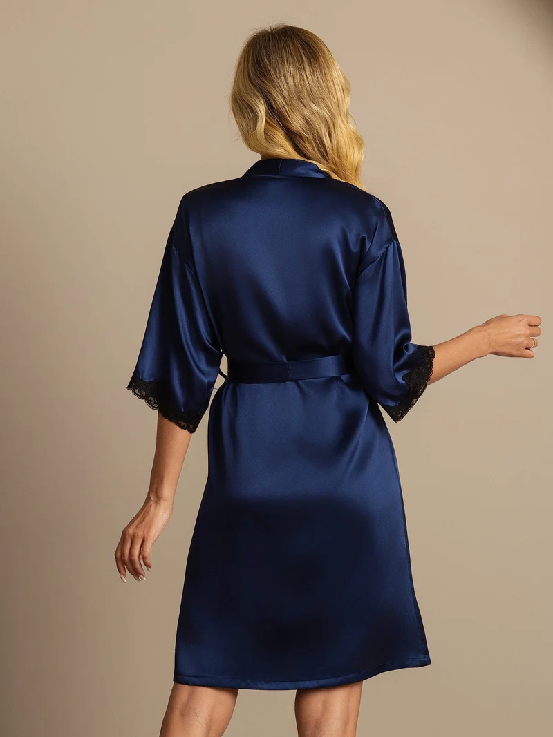 Reine Seide Basic-Damen-Morgenmantel mit Spitze