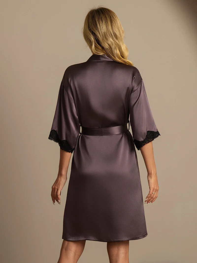 Reine Seide Basic-Damen-Morgenmantel mit Spitze