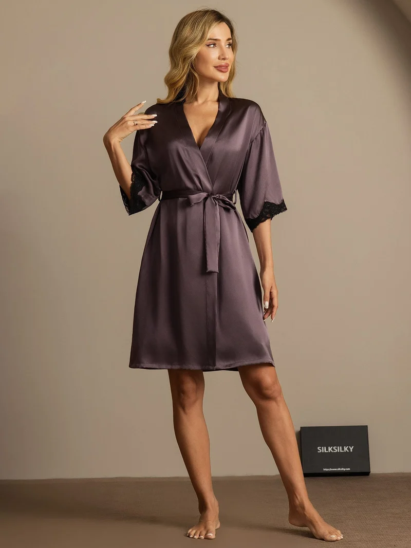 Reine Seide Basic-Damen-Morgenmantel mit Spitze